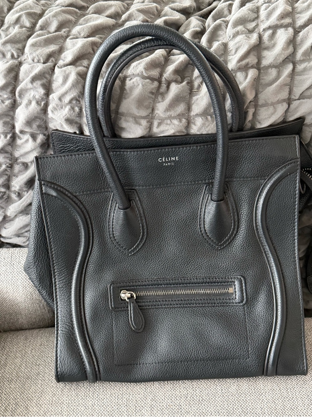 Celine Black Pebbled Leather Luggage Tote